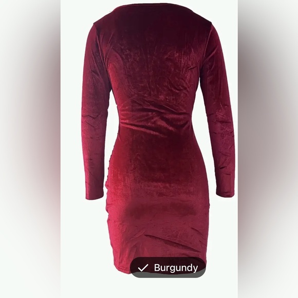 NEW Women’s Velvet Ruched Long Sleeve Wrap Mini Dress Burgundy Size Large 12 - Picture 8 of 10